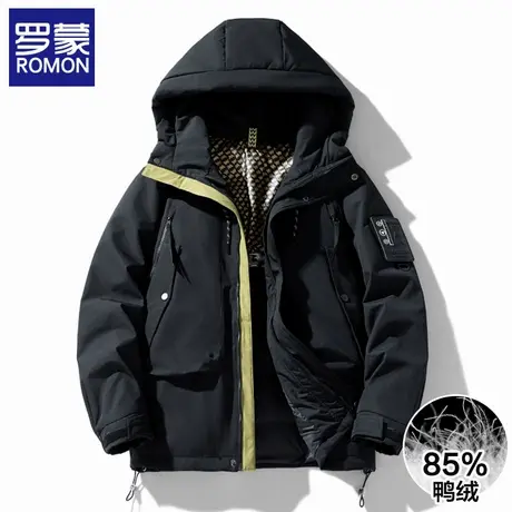 罗蒙户外工装运动羽绒服男短款2025冬季新款休闲保暖连帽外套男装商品大图