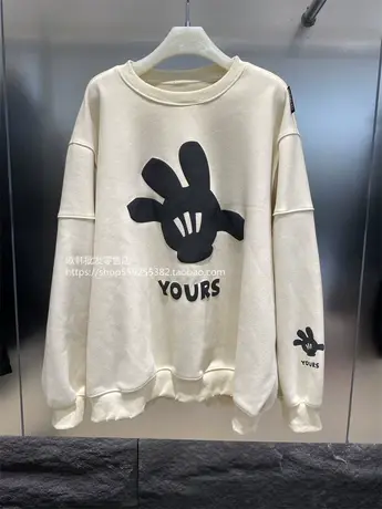 欧货秋冬2022新款韩版奶系穿搭长袖正肩卫衣女加绒加厚宽松上衣女商品大图