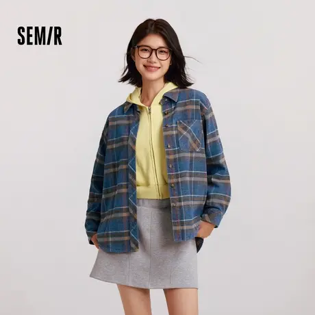 [商场同款]森马牛仔衬衫女中长款宽松保暖2024新款雪尼尔格纹冬装商品大图