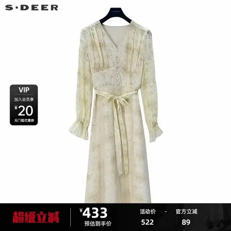 sdeer圣迪奥女装V领印花收腰压褶网纱连衣裙S243Z1298图片