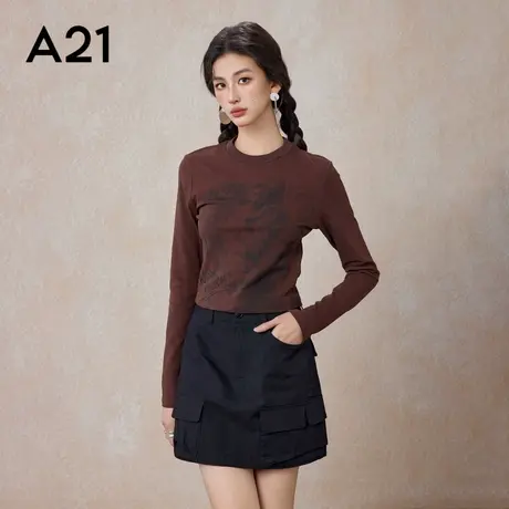 A21女装针织显瘦圆领长袖T恤春秋季潮流时尚涂鸦印花显瘦打底上衣商品大图