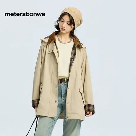 美特斯邦威夹克女2025秋季新款灯芯绒翻领拼格子中长夹克复古外套图片