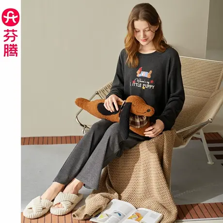 芬腾女士睡衣春秋季新款慕斯绒圆领长袖套装卡通时尚休闲家居服商品大图