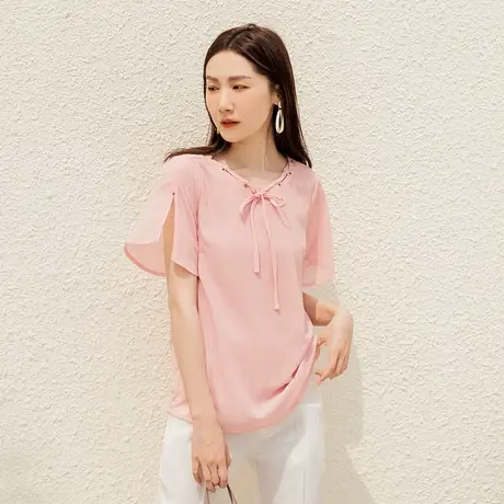 桔熊夏季初恋温柔风蝴蝶结绑带钉珠雪纺衫飘逸上衣女大码AB15169商品大图