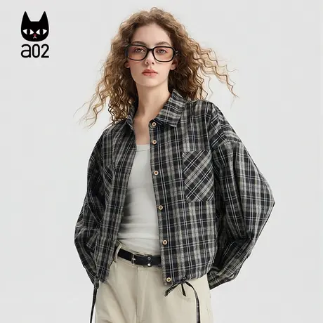a02短款格子宽松衬衫女2025新款秋季衬衣外套通勤穿搭设计感上衣商品大图