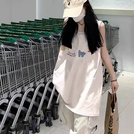 纯棉吊带背心无袖t恤女夏外穿中长款高级感慵懒风宽松篮球服上衣商品大图