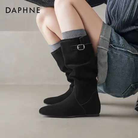 达芙妮堆堆靴女冬季长筒高筒靴子2026新款内增高平底长靴黑色绒面图片
