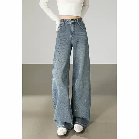 唐狮秋季新款女牛仔长裤宽松亮片装饰阔腿高腰显瘦裤子喇叭裤tu图片