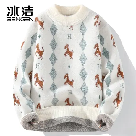 冰洁慵懒风毛衣男秋冬2023新款潮宽松满印圆领男厚款线衣针织衫ZC商品大图