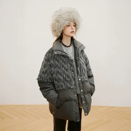 设计感拼接流苏棉服女2023年冬季新款加厚面包服外套复古宽松棉衣商品大图