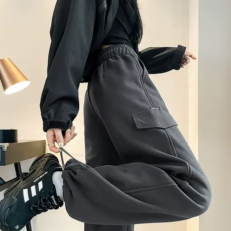 加绒裤子女秋冬2023新款高腰阔腿运动裤束脚卫裤小个子黑色工装裤图片