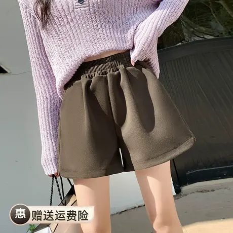 2023秋冬季新款百搭高腰卡其色阔腿短裤小个子毛呢时尚a字裤外穿商品大图