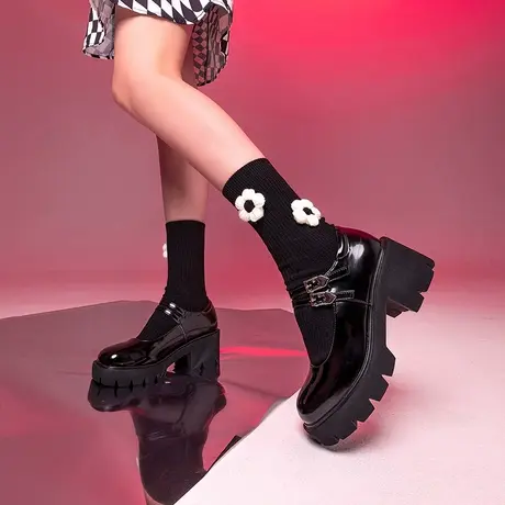 珂卡芙厚底玛丽珍鞋女2023秋季新款粗跟高跟鞋黑色jk英伦风小皮鞋图片