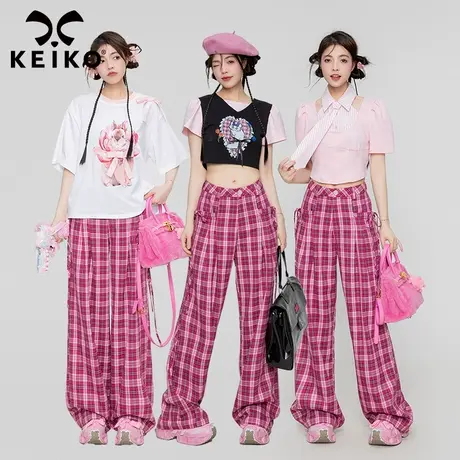 KEIKO 玫粉色显瘦格子休闲裤女2023夏季甜辣宽松直筒拖地阔腿裤子商品大图