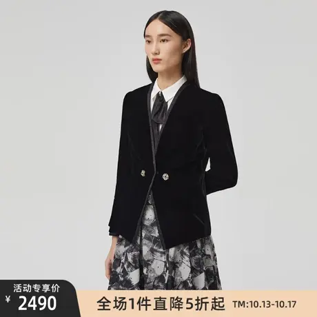 LANCY/朗姿丝绒黑色西装外套女秋季新款高级收腰显瘦西服女图片