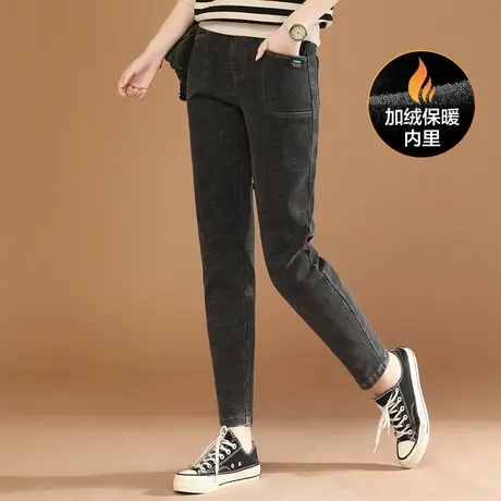 新品8.5折】松紧腰显瘦黑色加绒牛仔裤女宽松哈伦长裤子商品大图