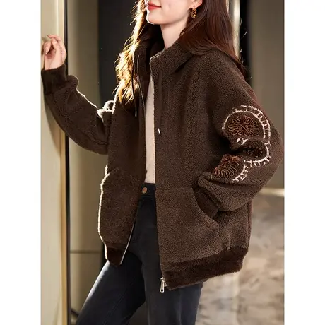 宝诗黎连帽亮片颗粒绒宽松短外套女2023秋冬新款休闲保暖拉链开衫商品大图