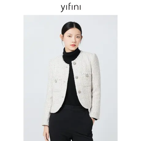 Yifini/易菲法式复古小香风外套女2023秋冬新款粗花呢圆领上衣商品大图