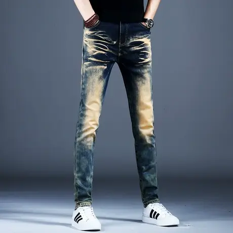 秋款新款黄泥复古做旧美式高街牛仔裤男款小脚修身潮流裤子男弹力商品大图