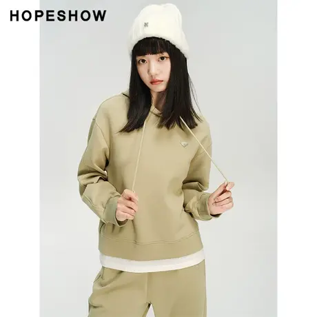 红袖outlets撞色拼接连帽卫衣hopeshow2023冬款休闲通勤百搭上衣图片