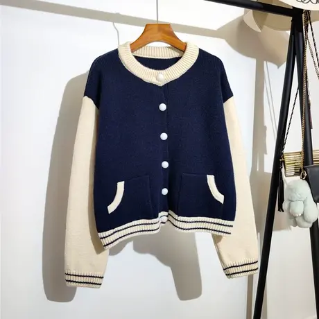 棒球服针织开衫女秋冬装2023新款韩版宽松时尚百搭毛衣外套学院风商品大图
