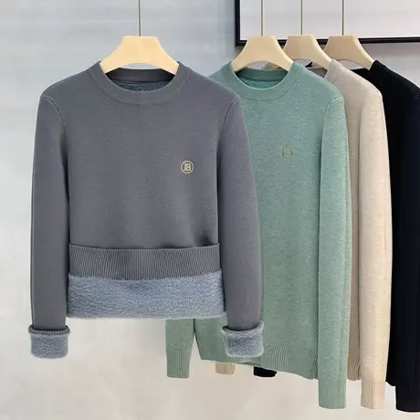 一体绒纯色圆领毛衣男冬季新款加绒厚内搭毛衫保暖打底针织衫男装商品大图