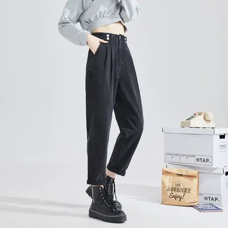 唐狮春秋季牛仔裤女宽松无弹哈伦长裤高腰多扣老爹裤通勤时尚裤子图片