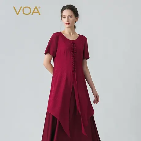 VOA40姆米鬼纡桑蚕丝深红色圆领工字褶飘带立体装饰短袖真丝T恤图片