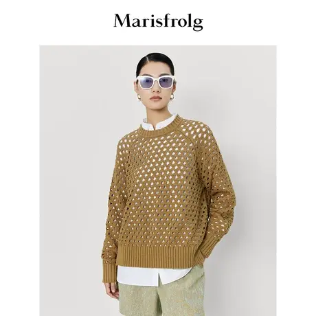 【镂空针织衫】玛丝菲尔春季新款套头复古网洞镂空圆领针织衫商品大图