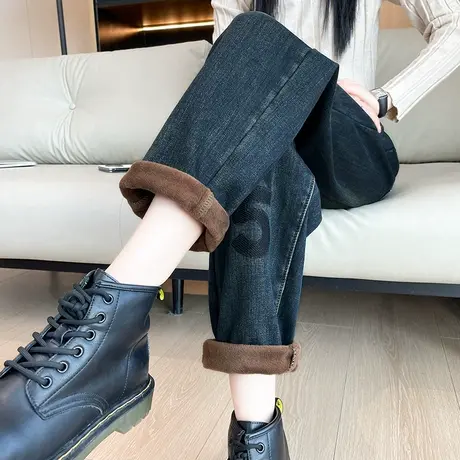 加绒直筒牛仔裤女冬季新款字母大码高腰卷边阔腿宽松哈伦老爹裤子图片