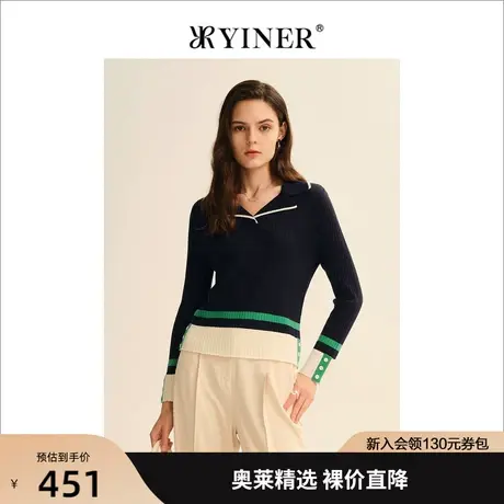 YINER音儿女装2022秋季新款女士毛衣撞色条纹针织衫商品大图