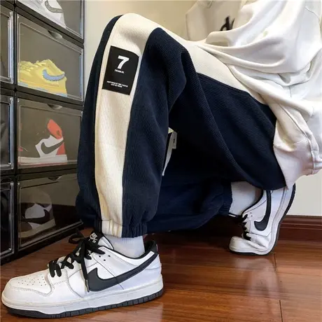 雪尼尔裤子宽松抽绳阔腿卫裤男春秋潮流直筒撞色拼接运动休闲长裤商品大图