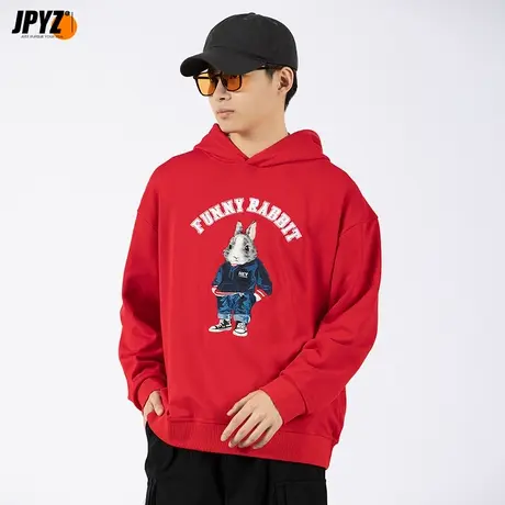 本命年兔刺绣连帽卫衣男2022秋冬红色帽衫套头上衣国潮流宽松外套商品大图