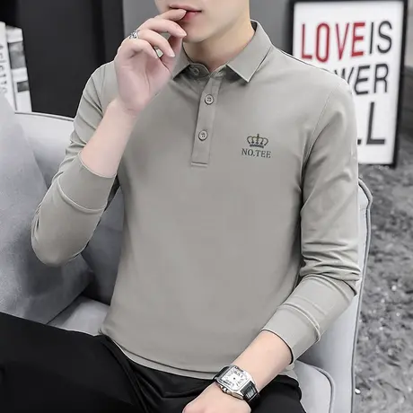 丝光珠地棉polo衫男长袖翻领t恤保罗带领打底衫潮流皇冠印花秋衣图片