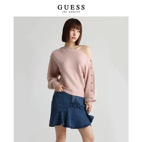 GUESS新款女士时尚潮流设计感一字领纯色露肩针织毛衣上衣商品大图