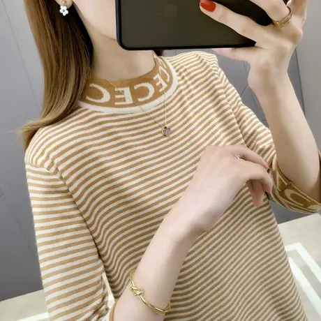 2023春装新款韩版宽松半高领拼色字母条纹七分袖打底针织衫女外穿商品大图