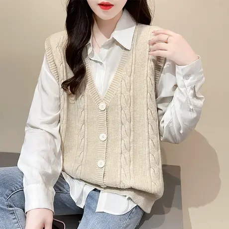 2023春装新复古麻花V领针织开衫背心马甲女宽松外搭毛衣坎肩马夹商品大图