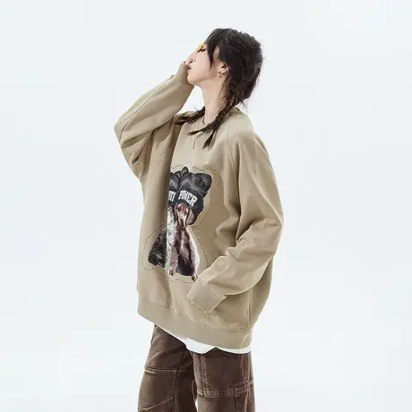 YEP动物印花复古圆领卫衣女春秋2024新款宽松oversize情侣装上衣商品大图