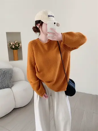 宽松大版软糯卷边套头毛衣女2023秋冬新款韩版时尚圆领针织衫上衣商品大图