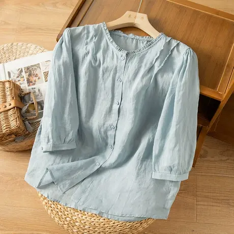 享永子七分袖苎麻衬衫女文艺复古宽松显瘦高级感棉麻上衣2024新款图片
