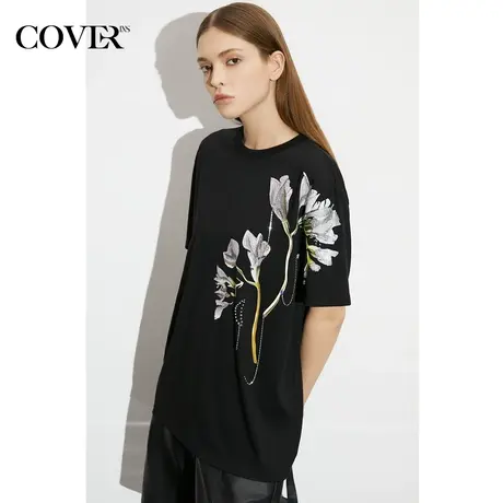 COVER夏季印花手工烫银钉珠棉质T恤商品大图