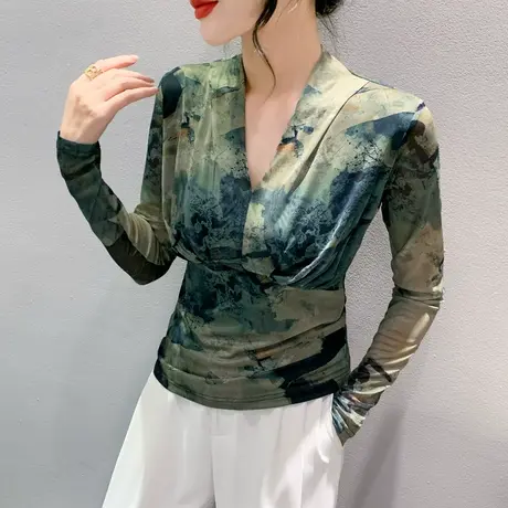 扎染渐变印花T恤女长袖春秋修身内搭打底衫性感V领网纱上衣设计感商品大图