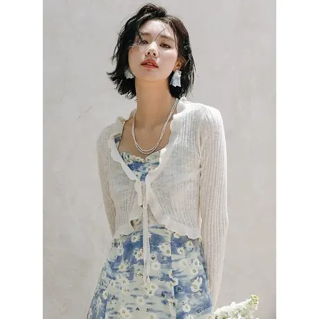 弥古白色冰丝针织开衫女夏薄款防晒披肩外搭罩衫高级感木耳边上衣图片