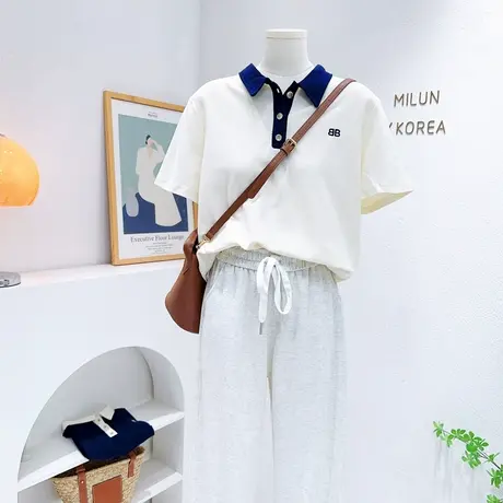 韩国东大门chic港风复古小众polo衫女2023夏季纯棉短袖上衣小个子商品大图