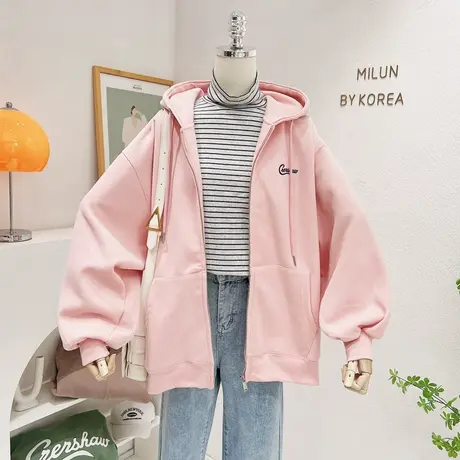 2022秋冬韩国东大门上衣复古美式字母连帽开衫厚外套宽松卫衣休闲图片