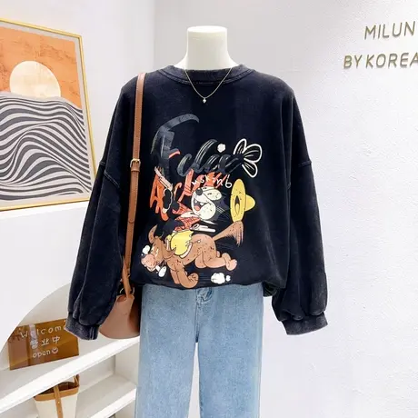 韩国东大门水洗毛圈棉卫衣秋冬款恶搞卡通上衣外套大码微胖遮肉商品大图