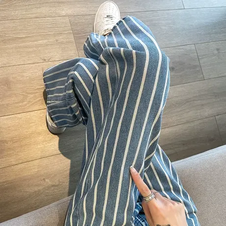 细条纹高腰阔腿牛仔裤女2023春夏季薄款美式窄版直筒休闲拖地裤子商品大图