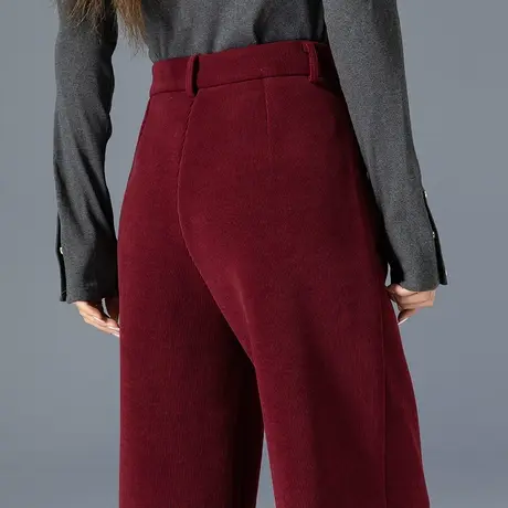 红色加绒阔腿裤女2023新款秋冬加厚裤子条绒裤针织女裤休闲直筒裤图片