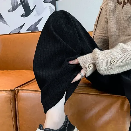 黑色窄版阔腿裤女秋冬新款高腰宽松垂感针织裤百搭休闲直筒拖地裤商品大图