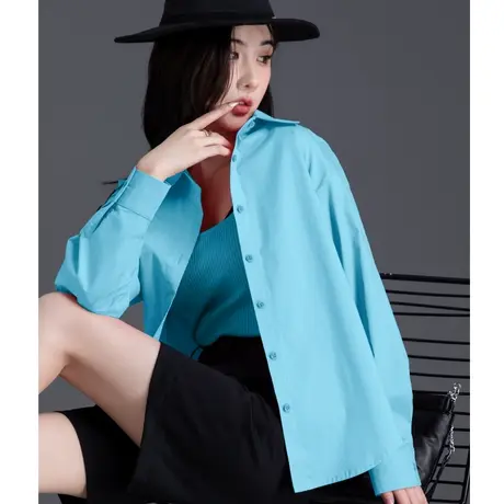 湖蓝色衬衫外套女2024新款宽松春秋POLO领长袖衬衣气质纯色高级感图片